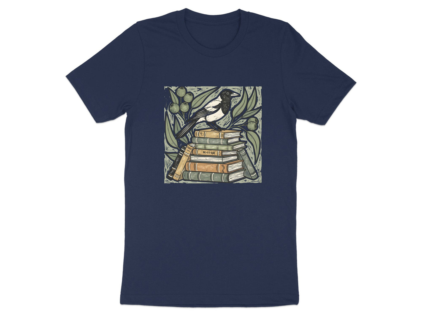 Magpie & Book Stack Linocut Tee