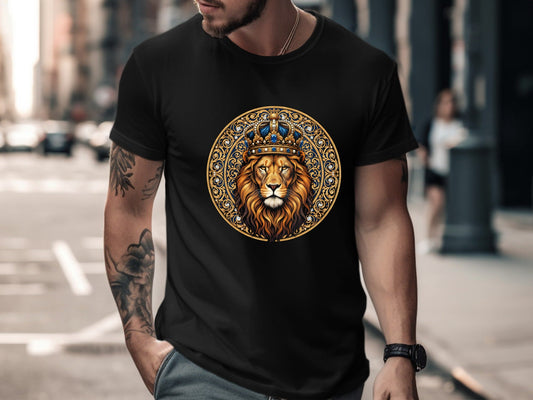 Majestic Crowned Lion T-Shirt - Ornate Gold & Blue Crest