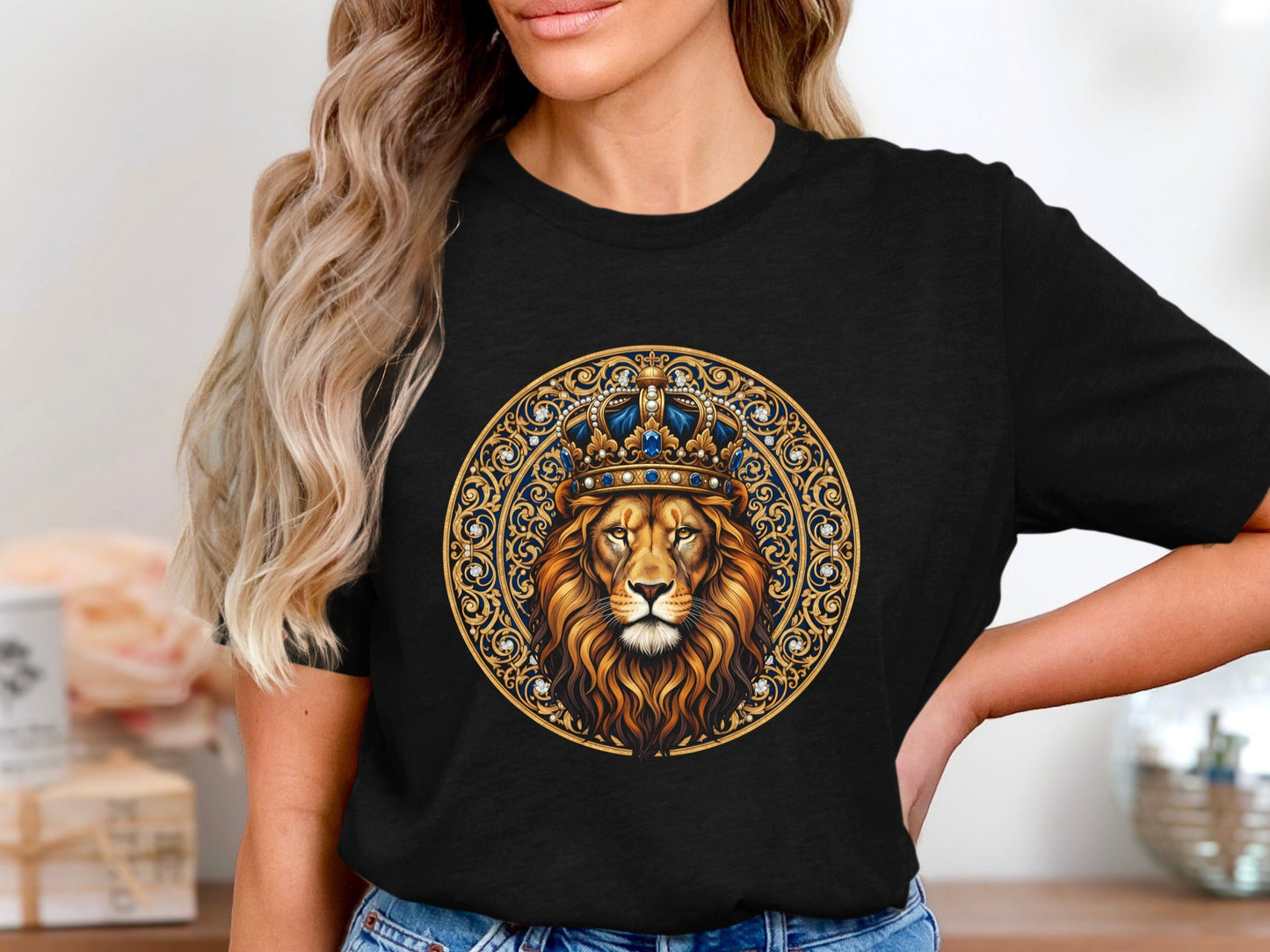 Majestic Crowned Lion T-Shirt - Ornate Gold & Blue Crest