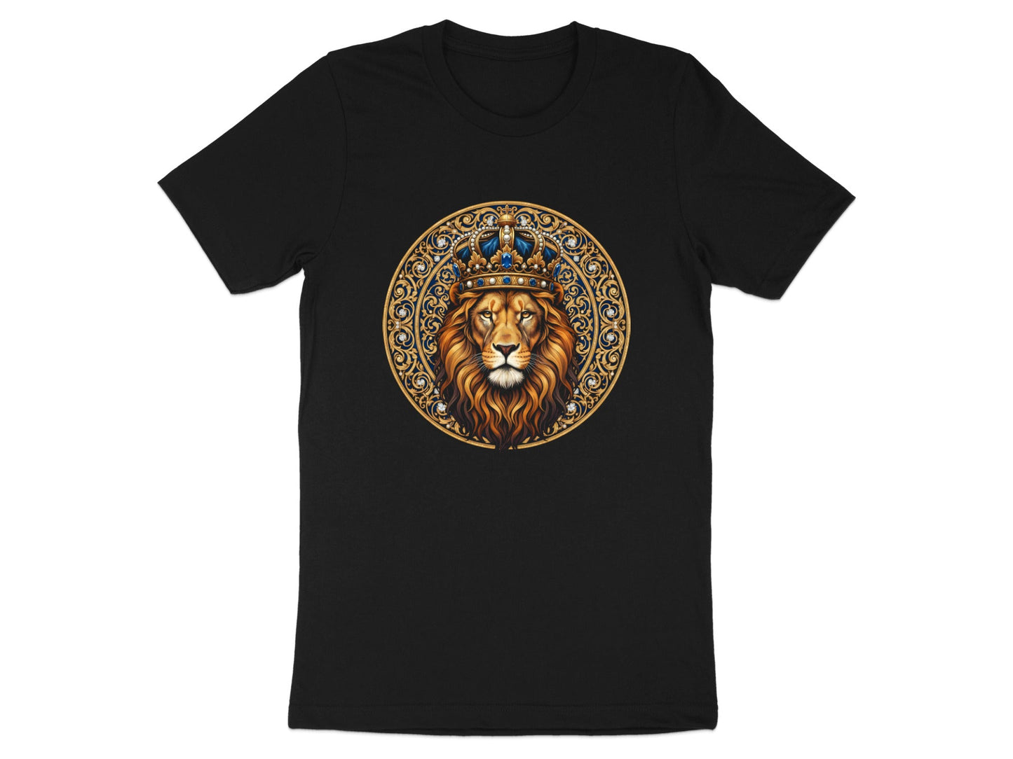 Majestic Crowned Lion T-Shirt - Ornate Gold & Blue Crest