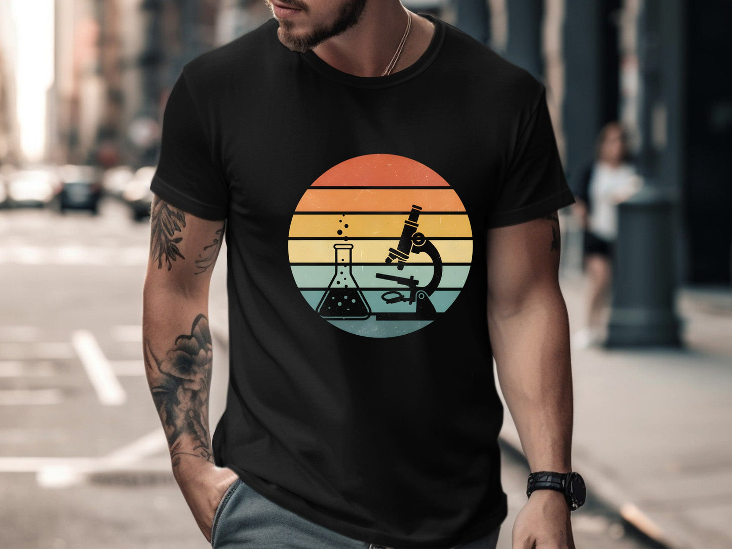 Retro Sunset Microscope Science Graphic T-Shirt