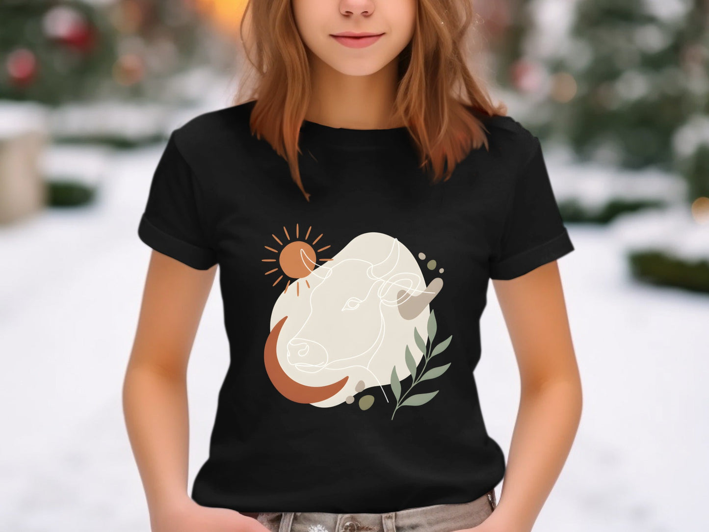 Abstract Bull & Sun Line Art T-Shirt - Mid-Century Modern