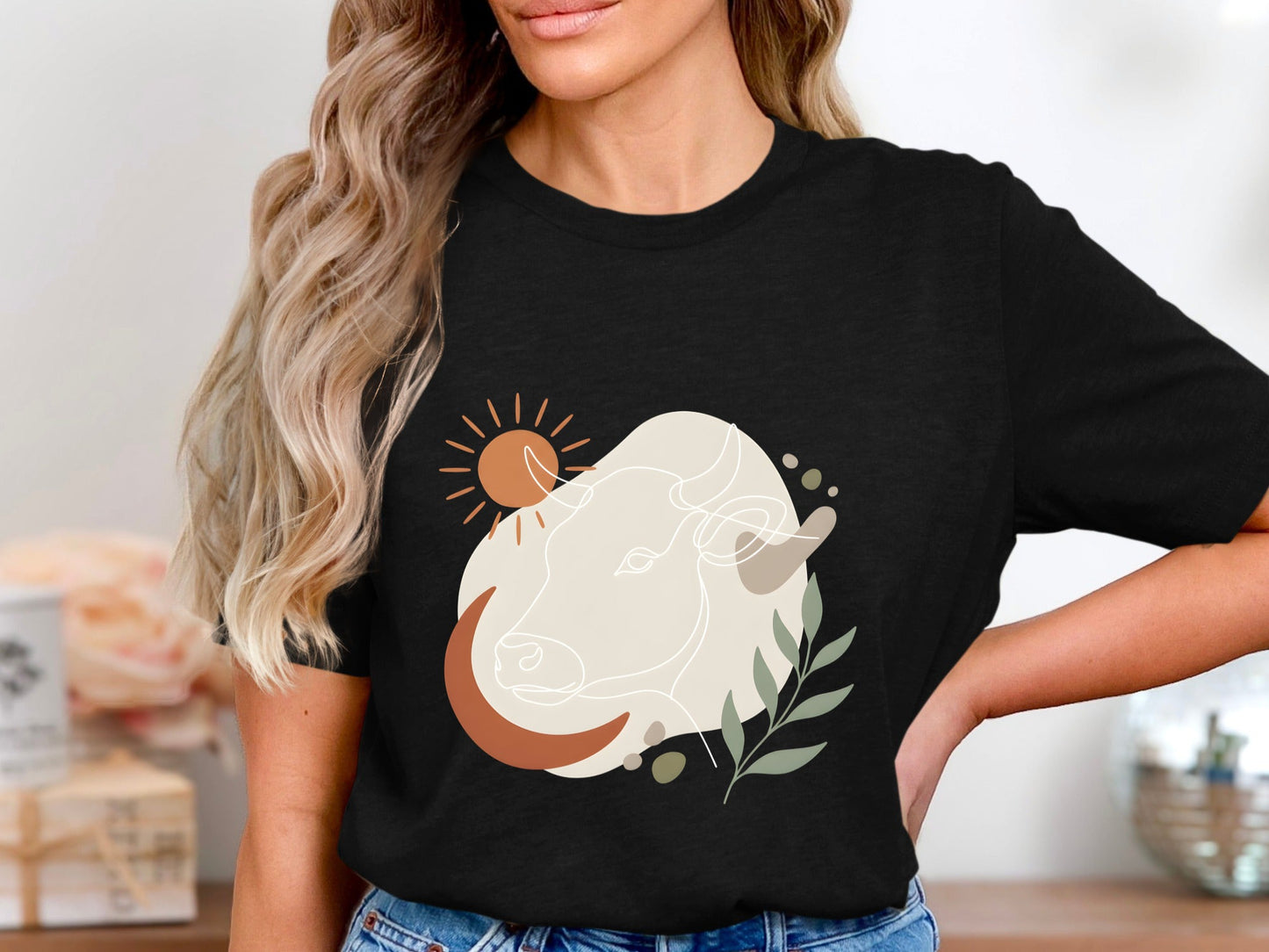 Abstract Bull & Sun Line Art T-Shirt - Mid-Century Modern