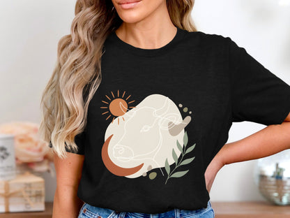 Abstract Bull & Sun Line Art T-Shirt - Mid-Century Modern