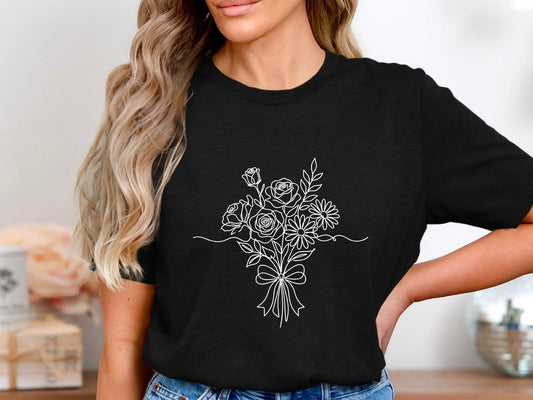 Rose & Daisy Floral Bouquet Line Art T-Shirt