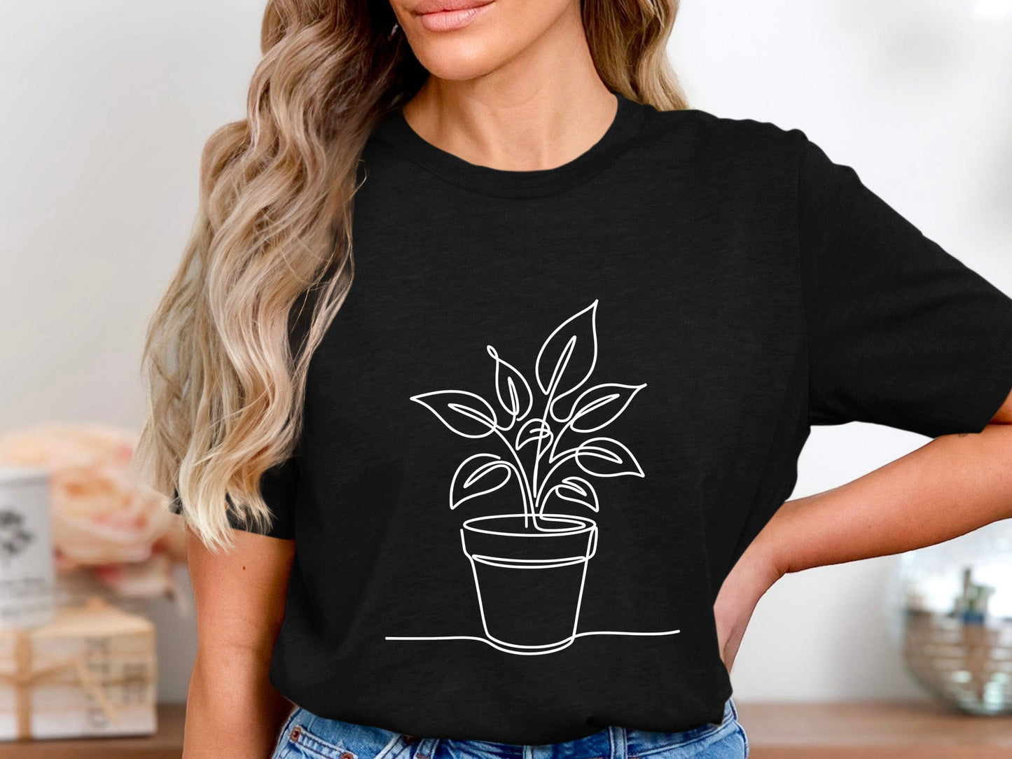 Potted Houseplant Minimalist Line Art T-Shirt