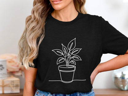 Potted Houseplant Minimalist Line Art T-Shirt