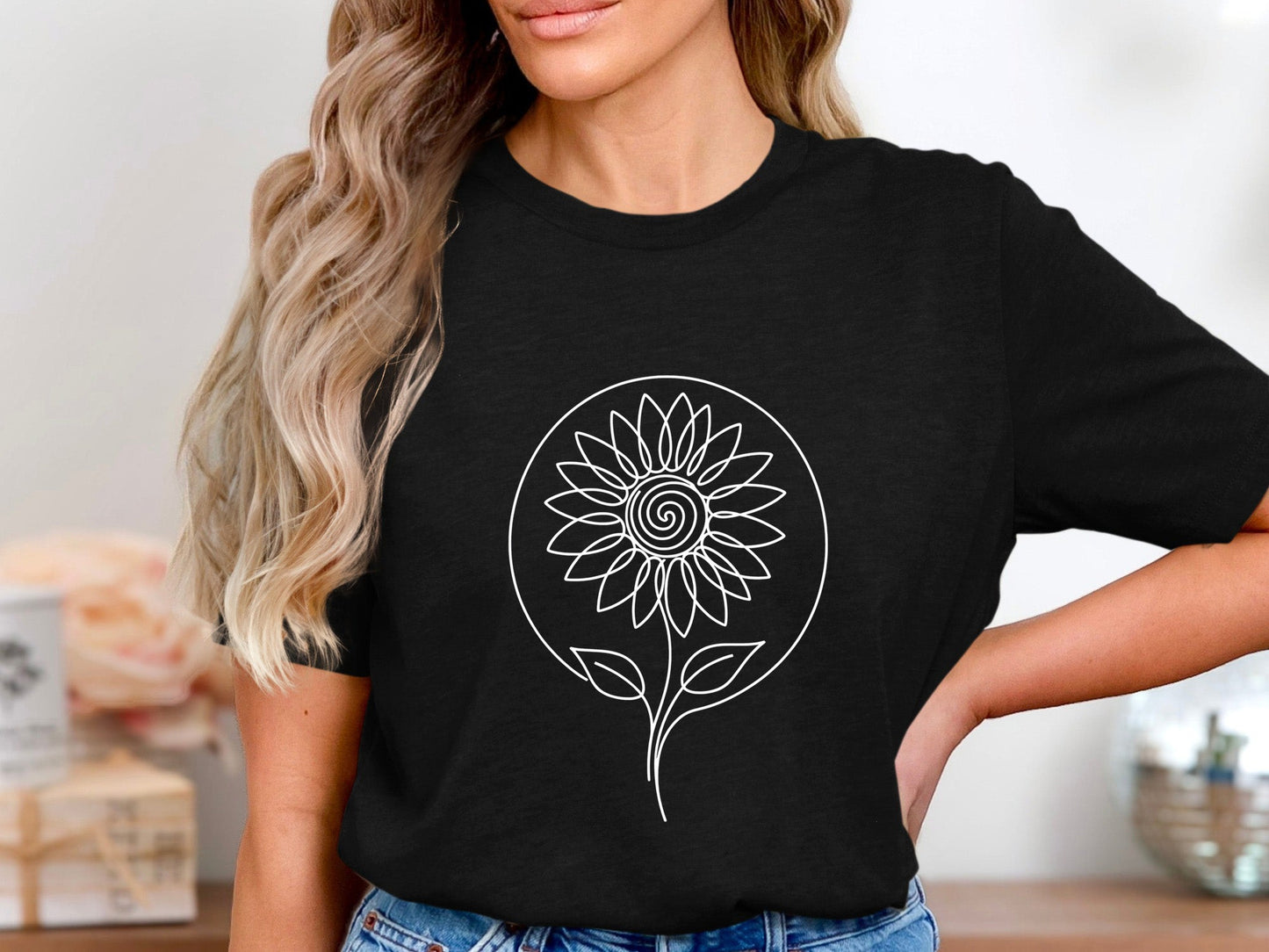 Sunflower Geometric Circle Line Art T-Shirt