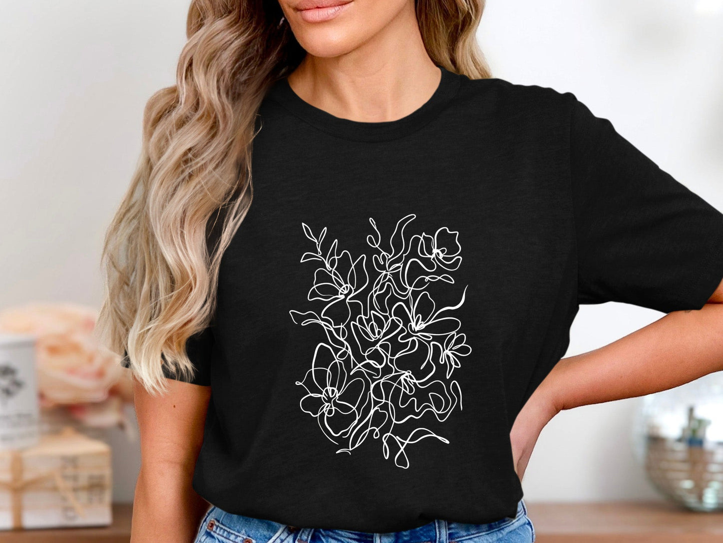 Abstract Wildflower Collage Line Art T-Shirt
