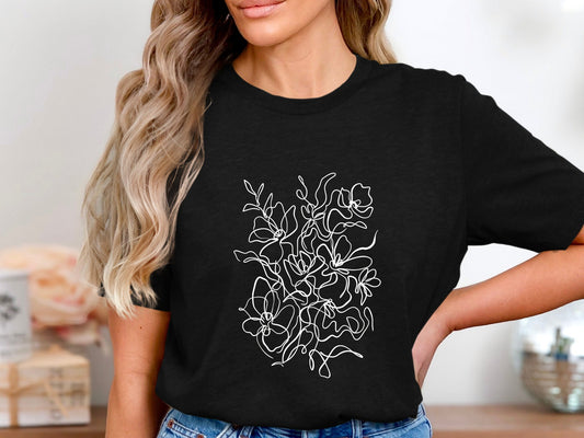 Abstract Wildflower Collage Line Art T-Shirt