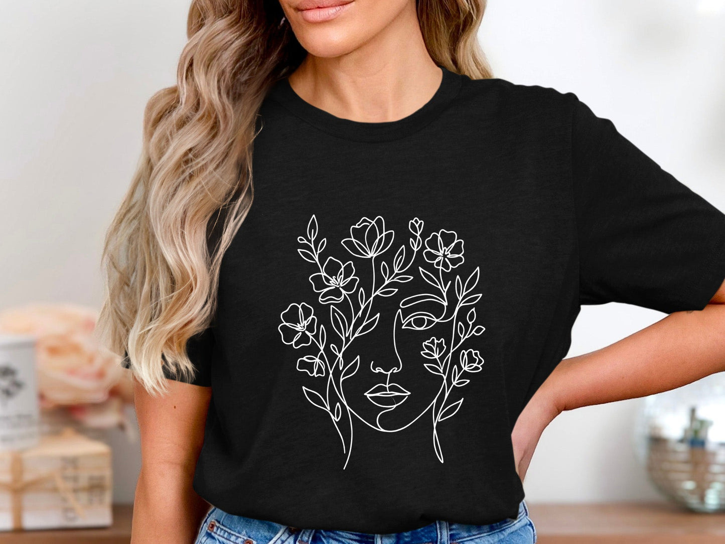 Floral Face Minimalist Line Art T-Shirt
