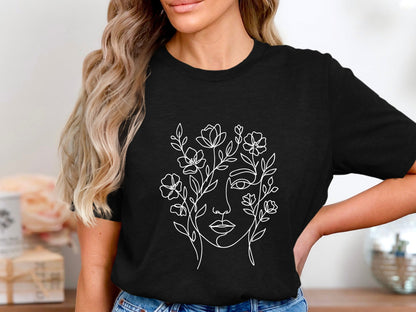 Floral Face Minimalist Line Art T-Shirt
