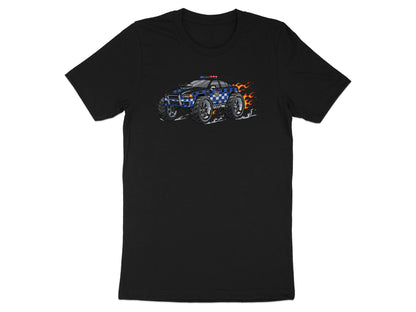 Monster Police Truck T-Shirt - Blue Checkered Flame Design