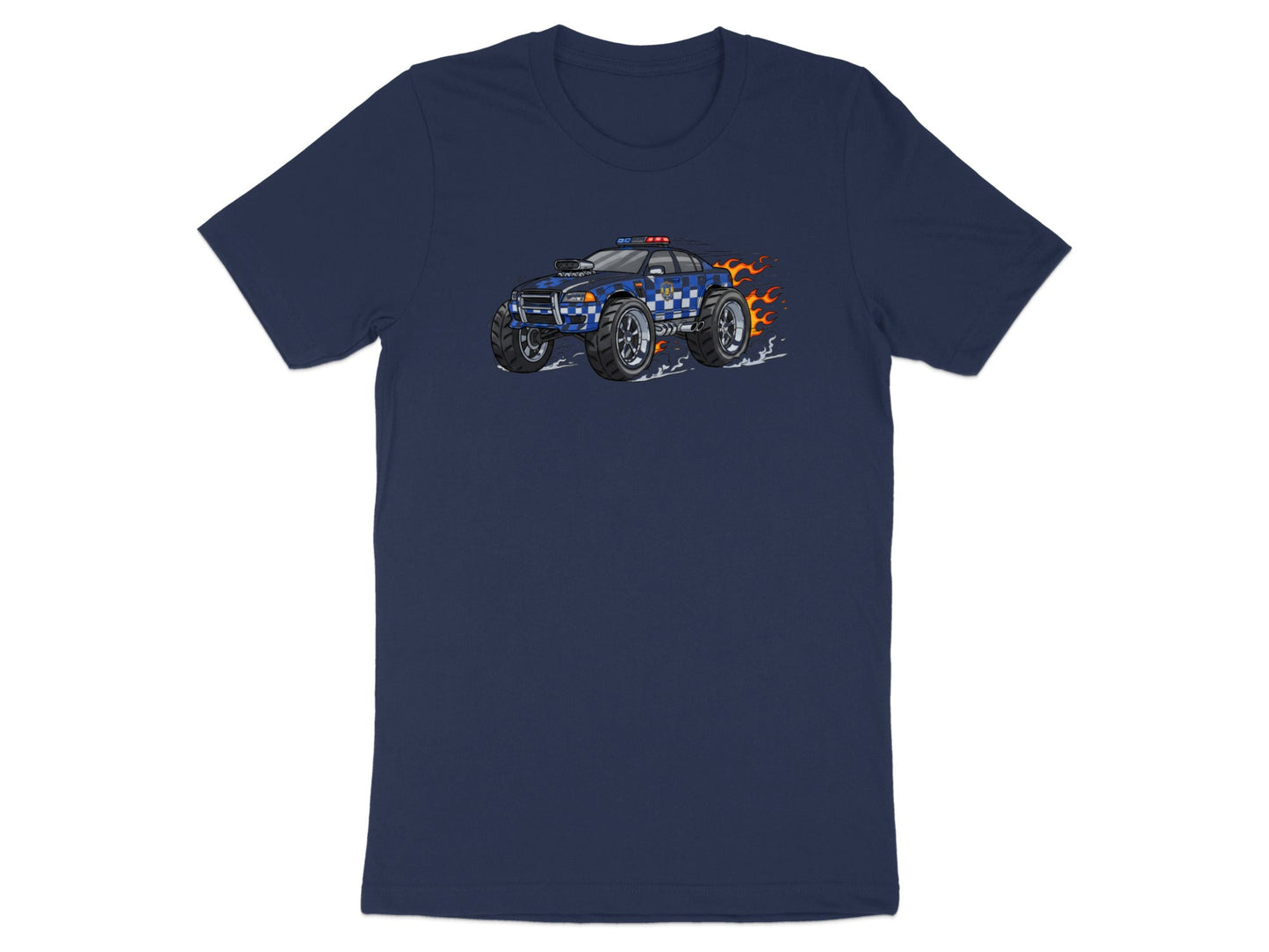 Monster Police Truck T-Shirt - Blue Checkered Flame Design