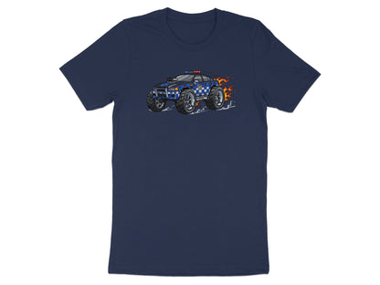 Monster Police Truck T-Shirt - Blue Checkered Flame Design