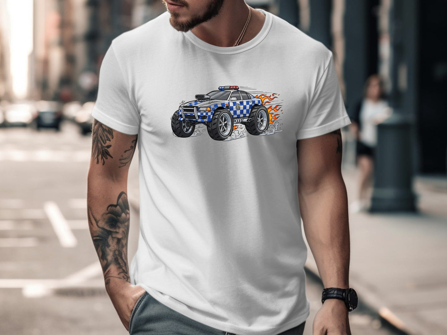 Monster Police Truck T-Shirt - Blue Checkered Flame Design