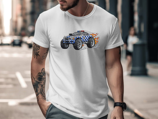 Monster Police Truck T-Shirt - Blue Checkered Flame Design