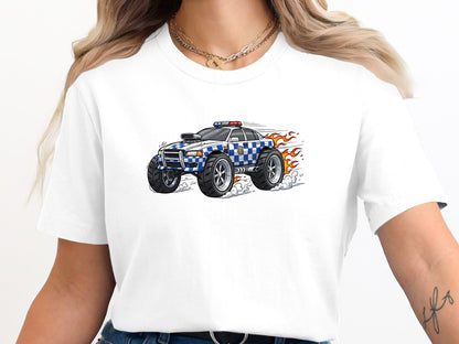 Monster Police Truck T-Shirt - Blue Checkered Flame Design