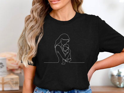 Mother Holding Baby Minimalist Line Art Tee - Fine Line Graphic Shirt