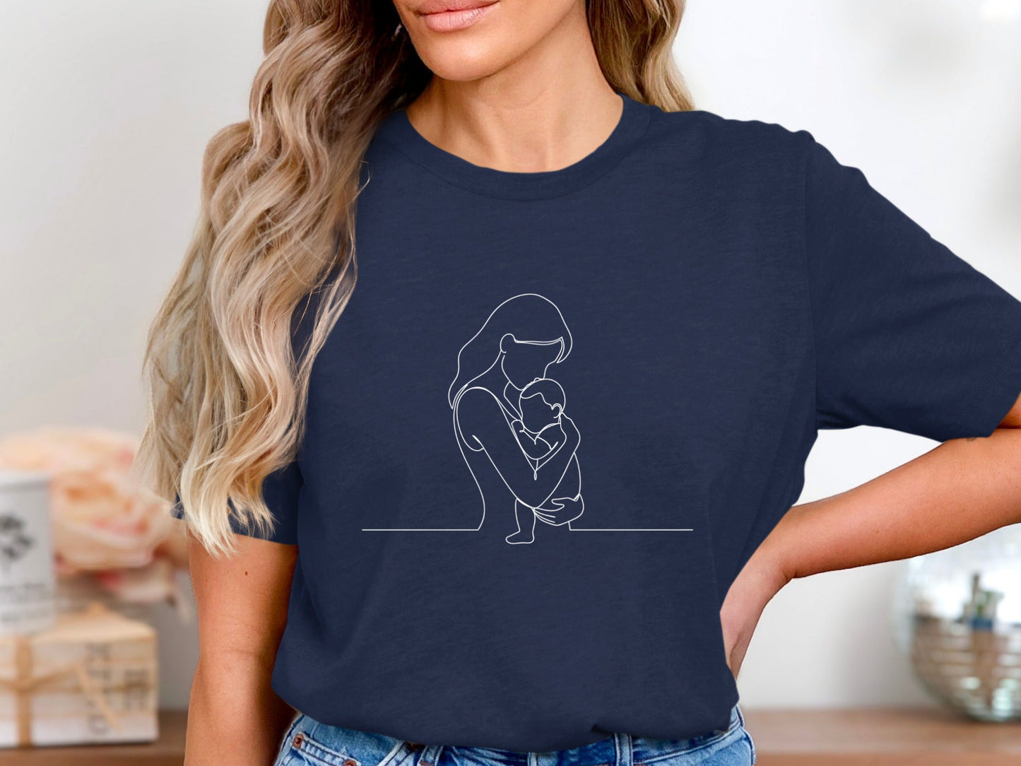 Mother Holding Baby Minimalist Line Art Tee - Fine Line Graphic Shirt
