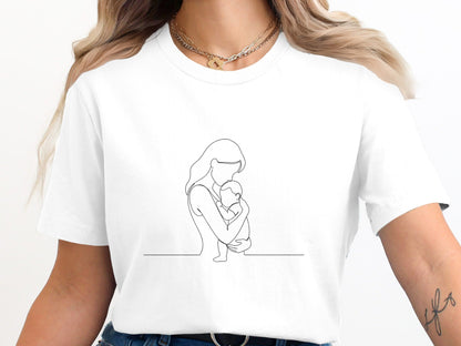 Mother Holding Baby Minimalist Line Art Tee - Fine Line Graphic Shirt