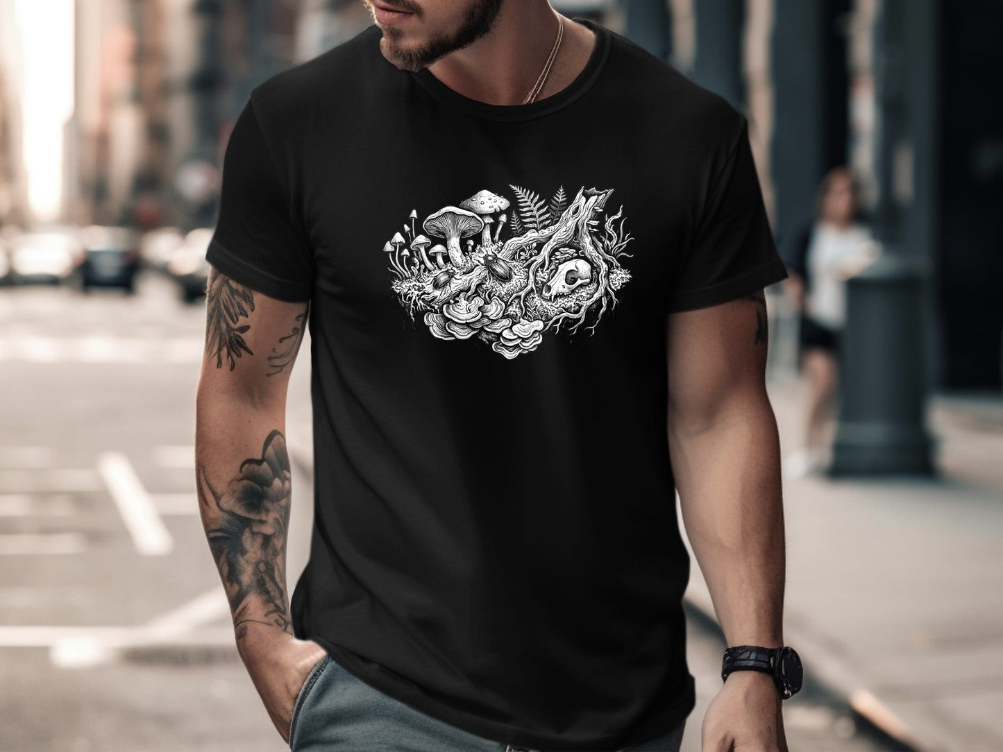 Mystical Mushrooms & Skull T-Shirt - Gothic Nature Art