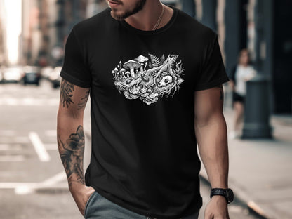 Mystical Mushrooms & Skull T-Shirt - Gothic Nature Art