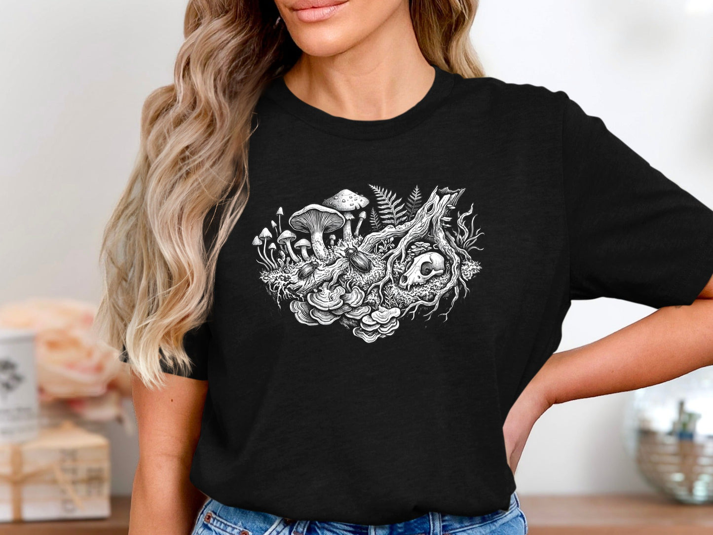 Mystical Mushrooms & Skull T-Shirt - Gothic Nature Art