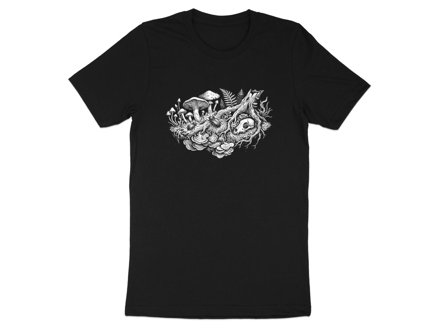 Mystical Mushrooms & Skull T-Shirt - Gothic Nature Art