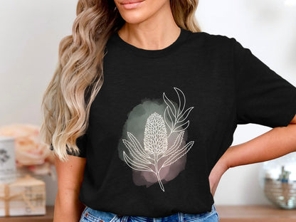 Minimalist Banksia Line Art & Watercolor T-Shirt