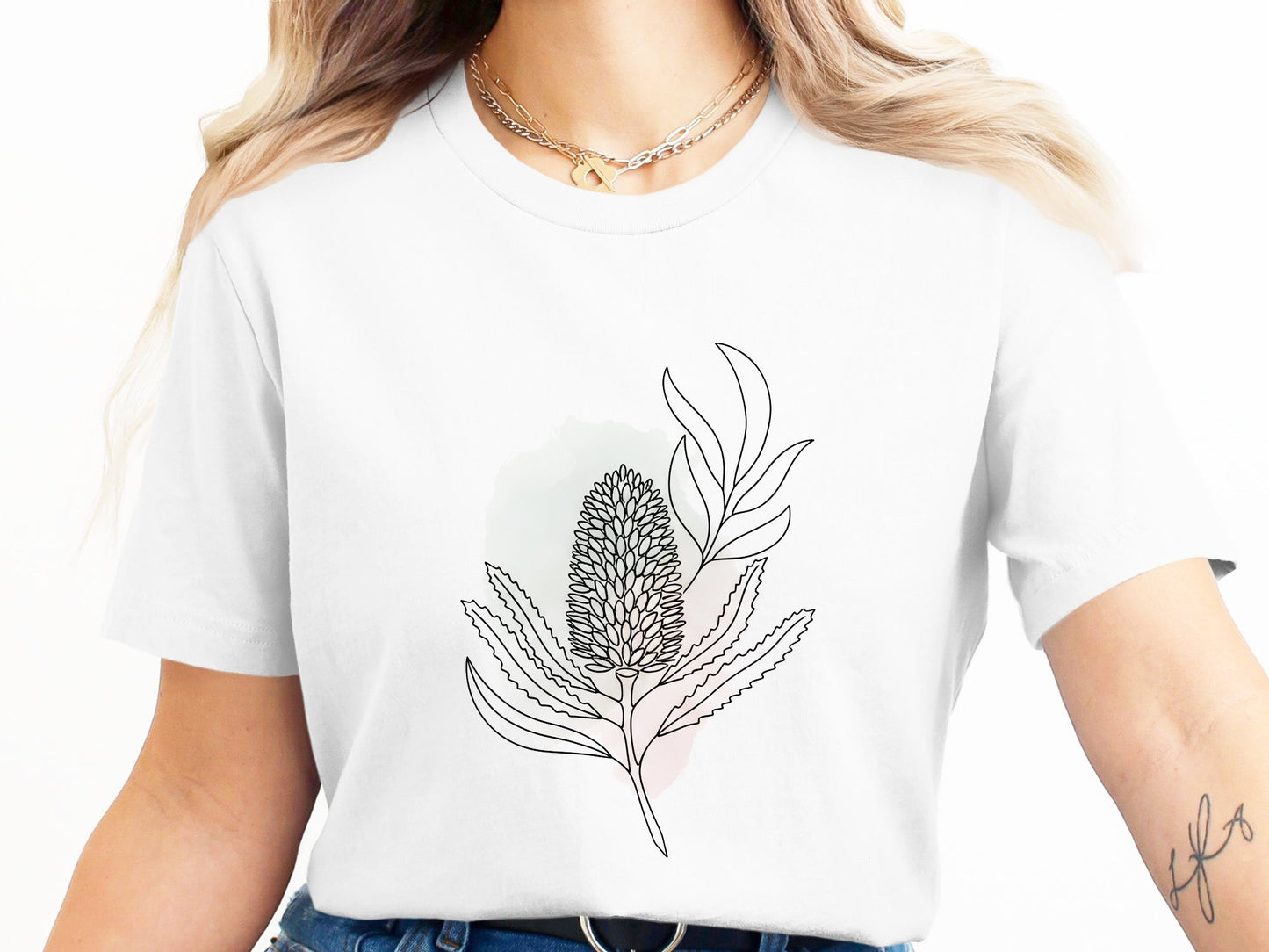 Minimalist Banksia Line Art & Watercolor T-Shirt