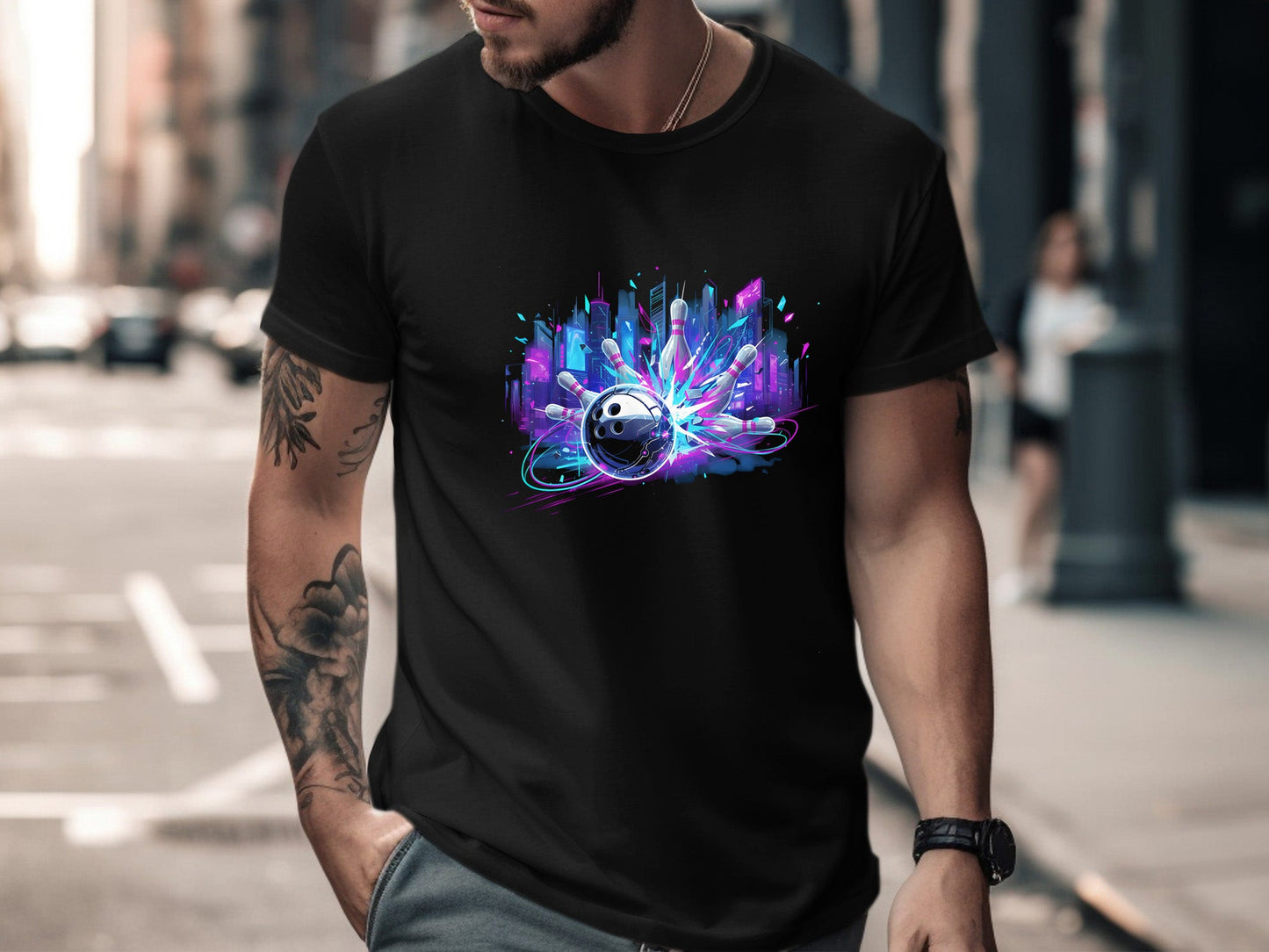 Cyberpunk Neon Bowling Strike Graphic Tee