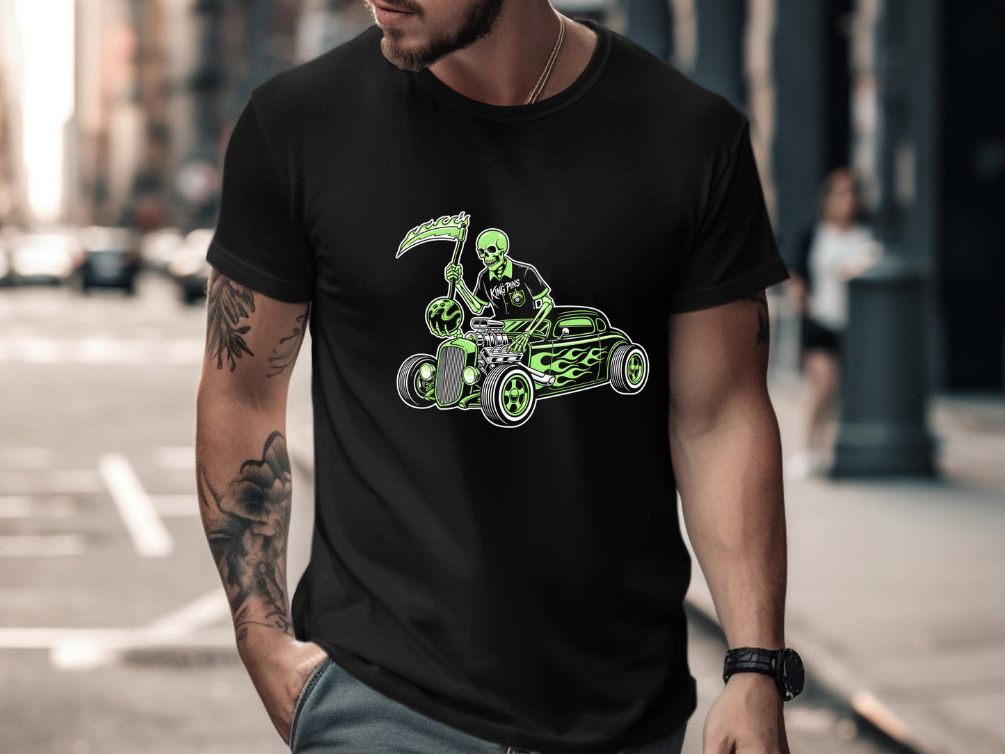 Bowling Reaper Hot Rod Skeleton T-Shirt