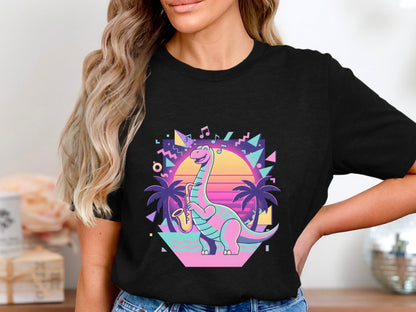 Neon Saxophone Dinosaur T-Shirt - 80s Synthwave Vibes