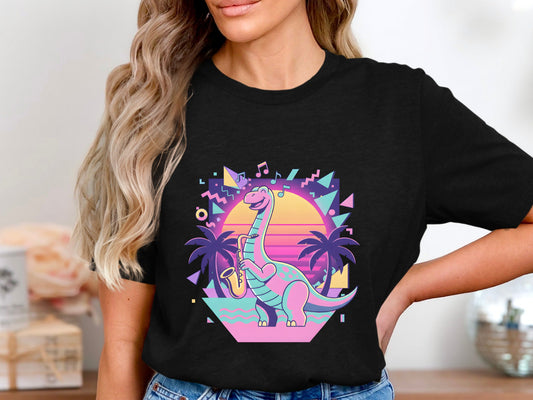 Neon Saxophone Dinosaur T-Shirt - 80s Synthwave Vibes