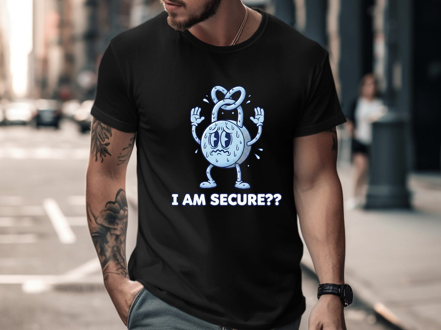 Nervous Padlock Security Humor T-Shirt - Blue Graphic  Tee