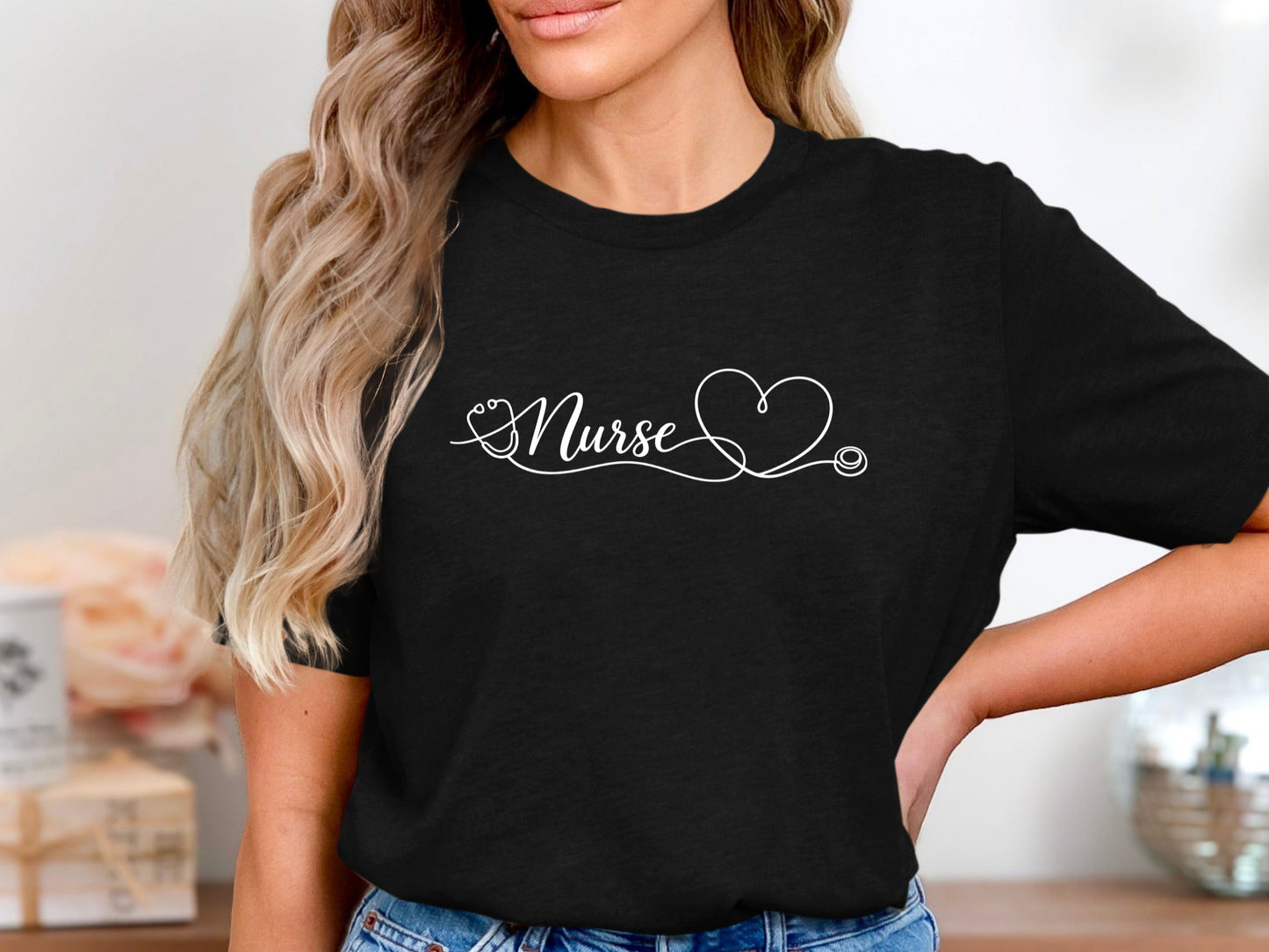 Nurse Cursive Heart Stethoscope T-Shirt - Elegant Tee