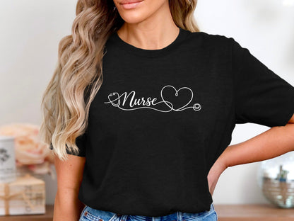 Nurse Cursive Heart Stethoscope T-Shirt - Elegant Tee