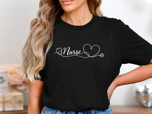 Nurse Cursive Heart Stethoscope T-Shirt - Elegant Tee