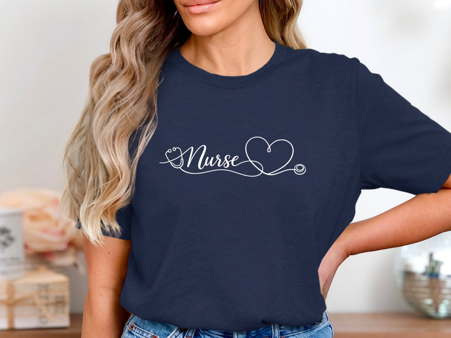 Nurse Cursive Heart Stethoscope T-Shirt - Elegant Tee