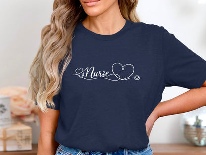 Nurse Cursive Heart Stethoscope T-Shirt - Elegant Tee