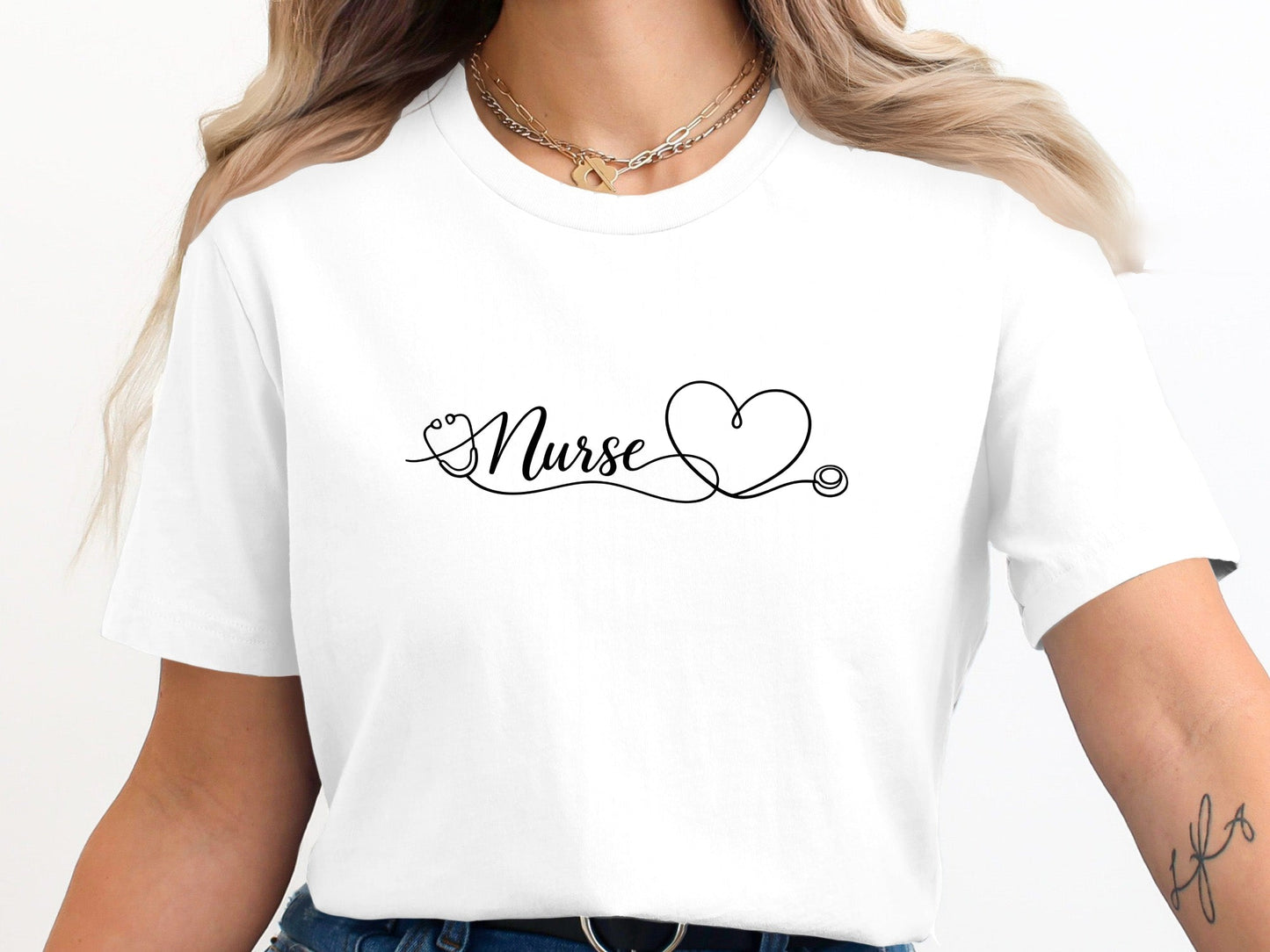 Nurse Cursive Heart Stethoscope T-Shirt - Elegant Tee