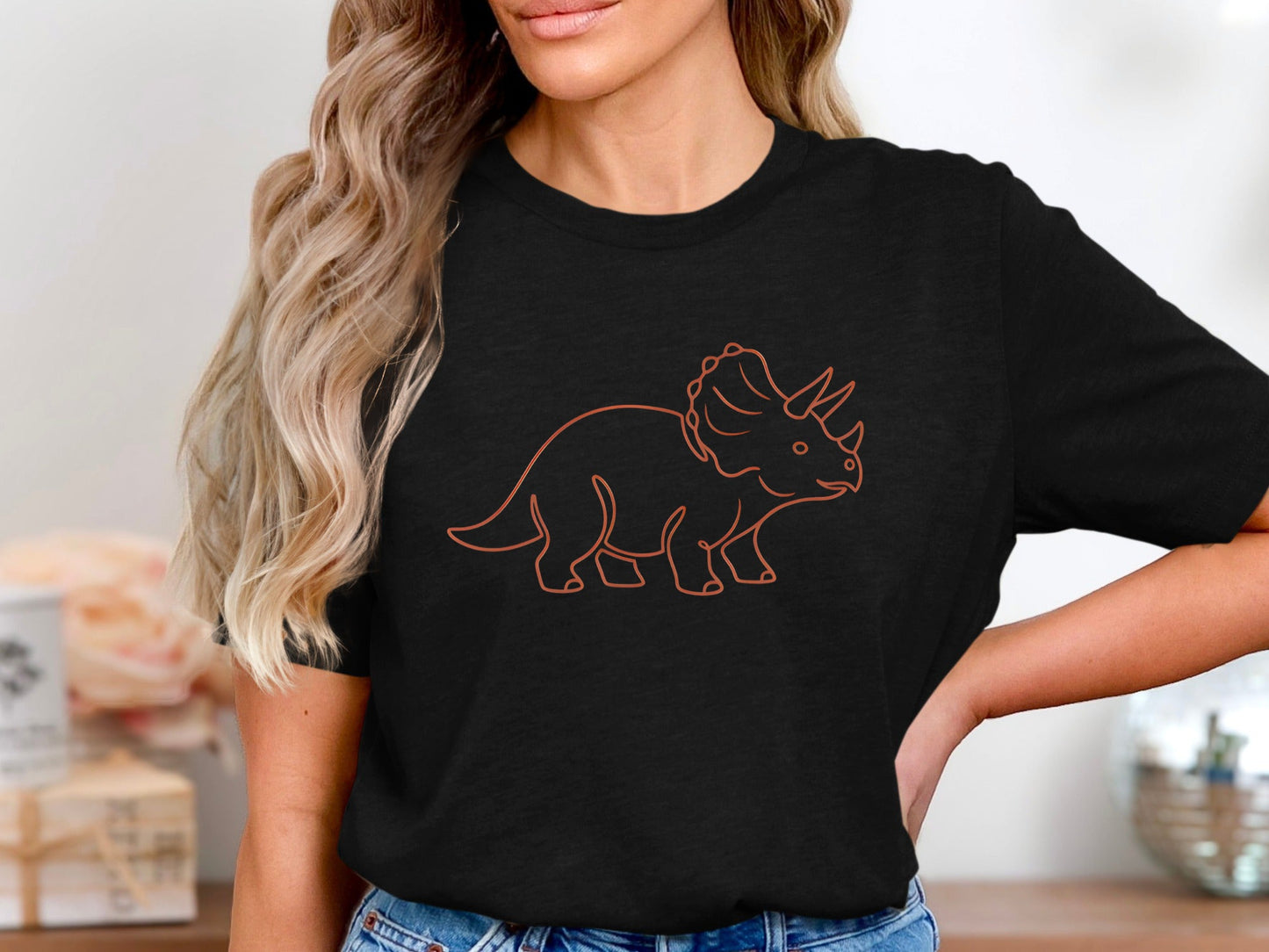 Minimalist Orange Triceratops Outline T-Shirt - Cute Dino Style