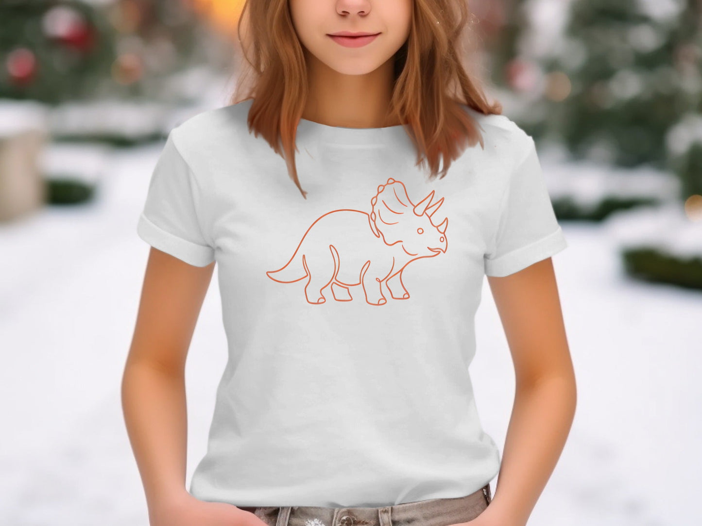Minimalist Orange Triceratops Outline T-Shirt - Cute Dino Style