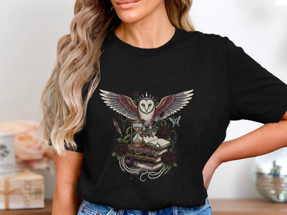 Wisdom & Time Owl T-Shirt - Hourglass & Antique Books Art