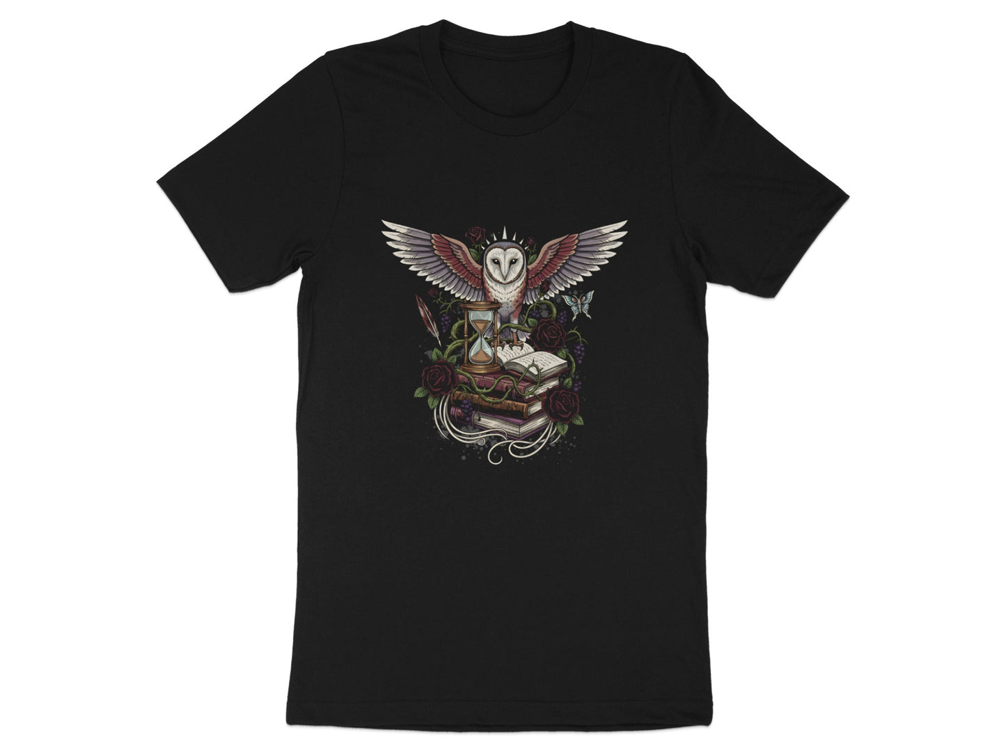 Wisdom & Time Owl T-Shirt - Hourglass & Antique Books Art