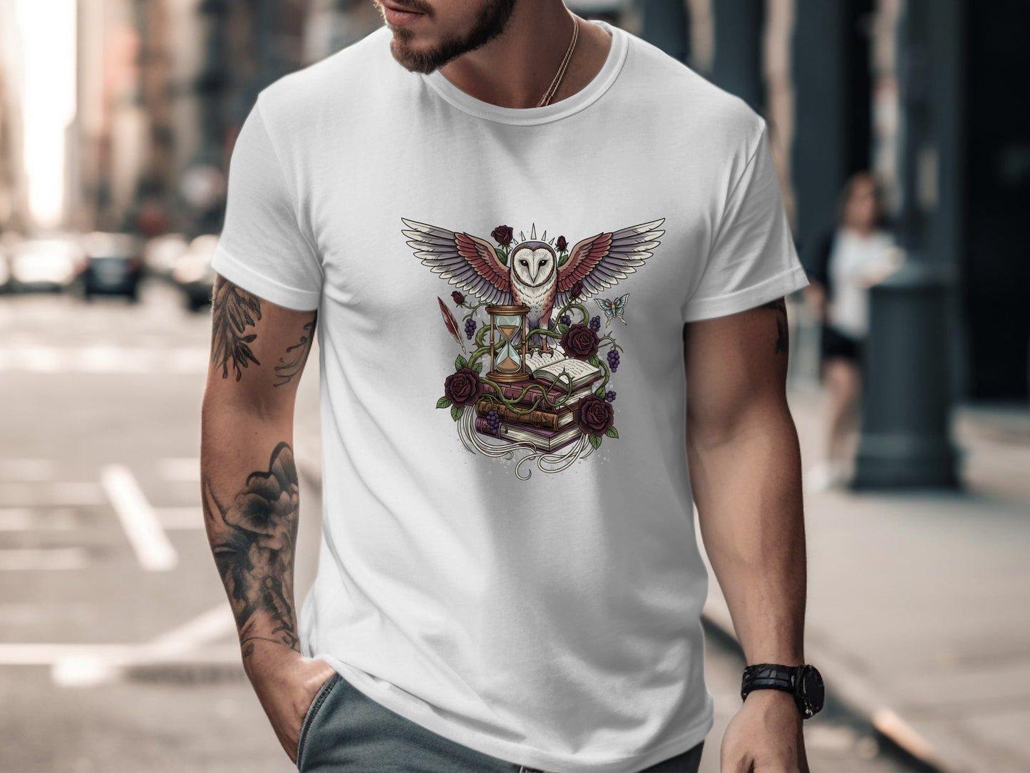 Wisdom & Time Owl T-Shirt - Hourglass & Antique Books Art