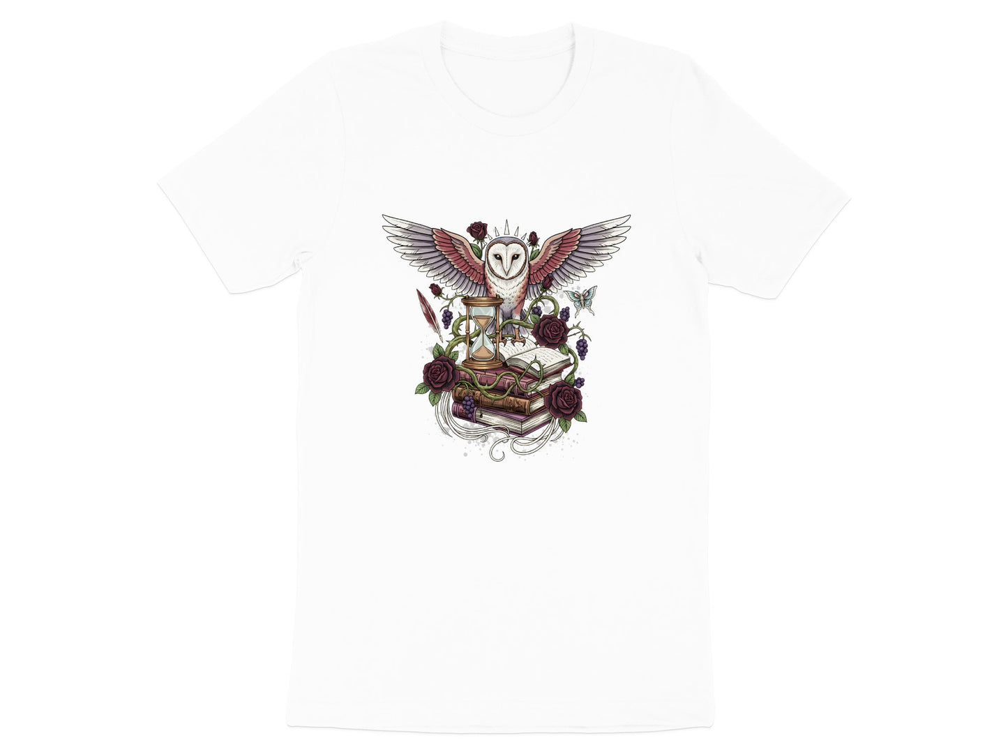 Wisdom & Time Owl T-Shirt - Hourglass & Antique Books Art