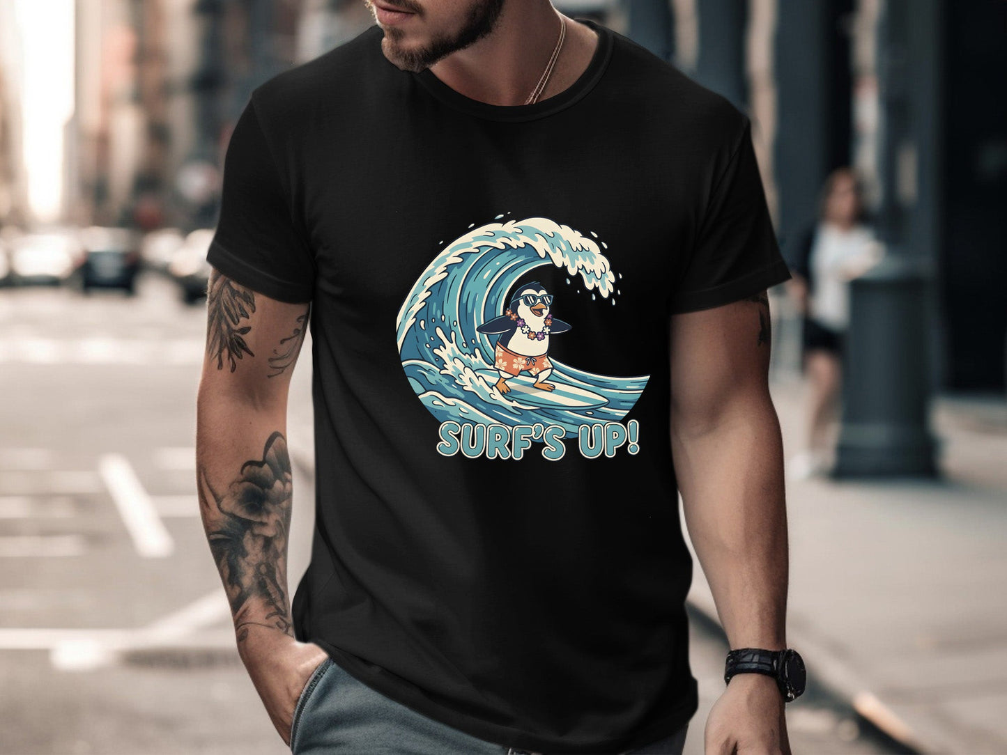 Surf's Up Surfing Penguin Tee | Fun Beach T-Shirt