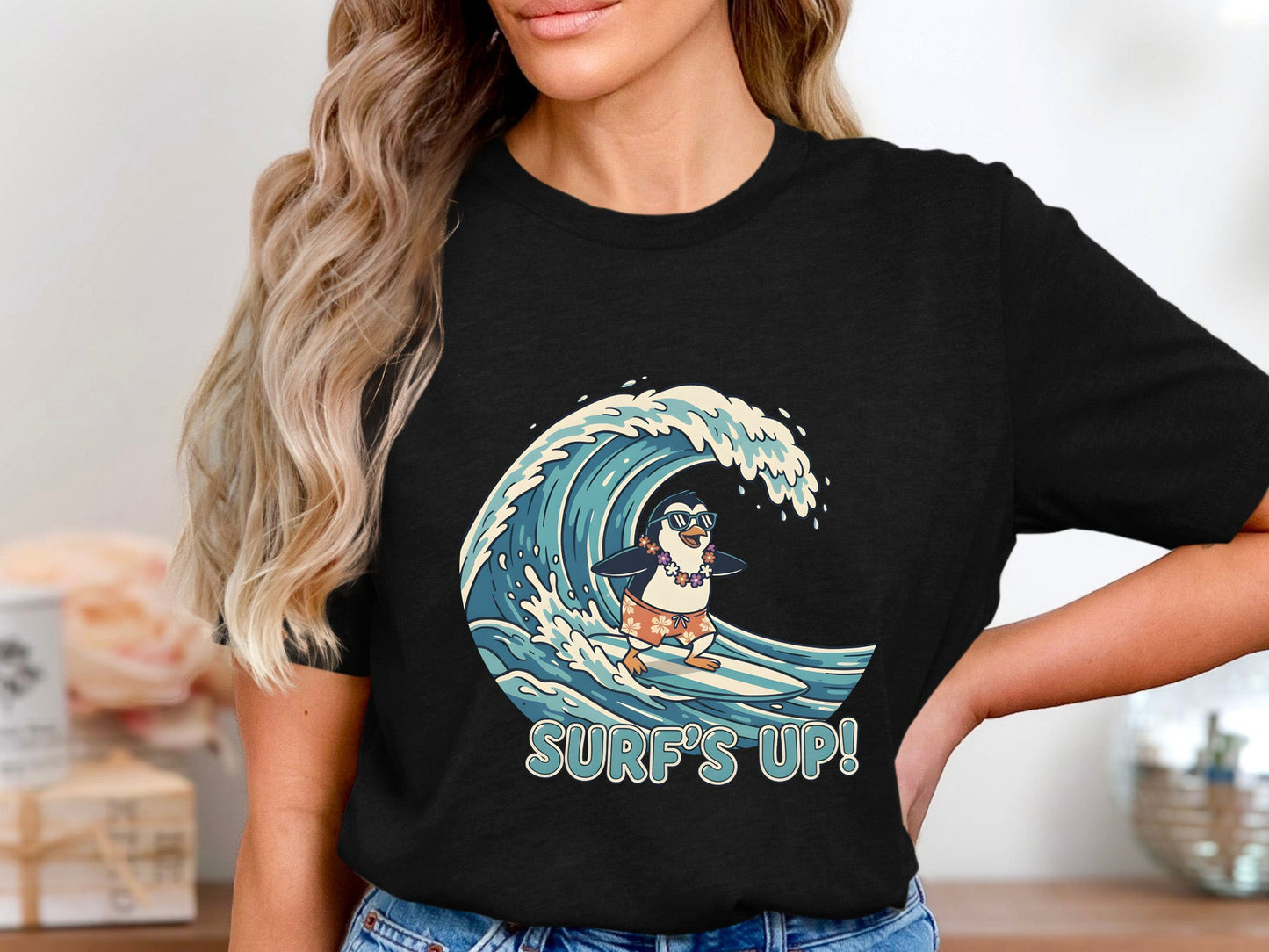 Surf's Up Surfing Penguin Tee | Fun Beach T-Shirt
